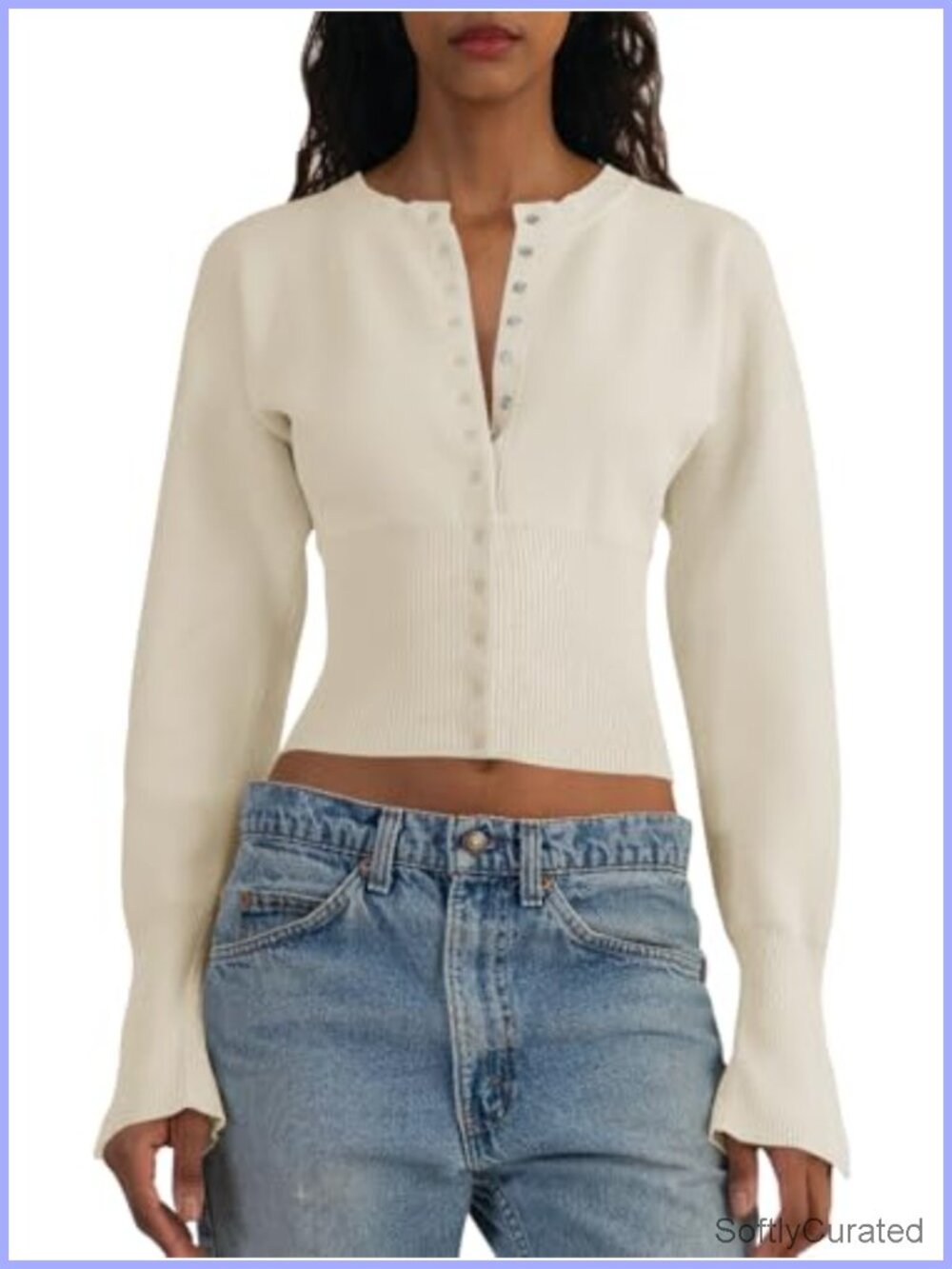 Cropped Sweater Cardigan Button Down V Neck Ribbed Knit Slim Fit Long Sleeve